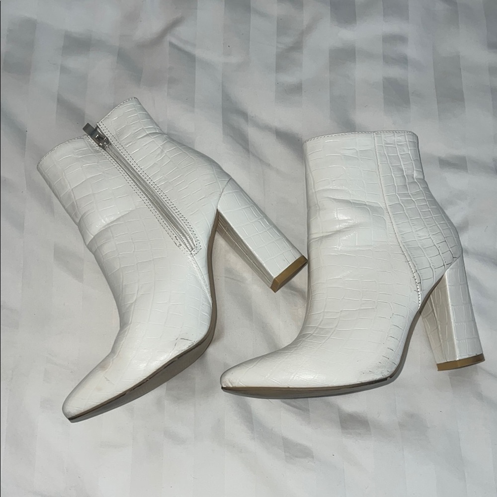 White Croc-Embossed Ankle Boots